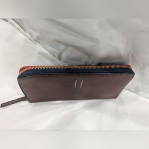 Clare V. Half Zip Wallet - Cuoio Brown Leather  Navy/Red Zipper & Blue Interior